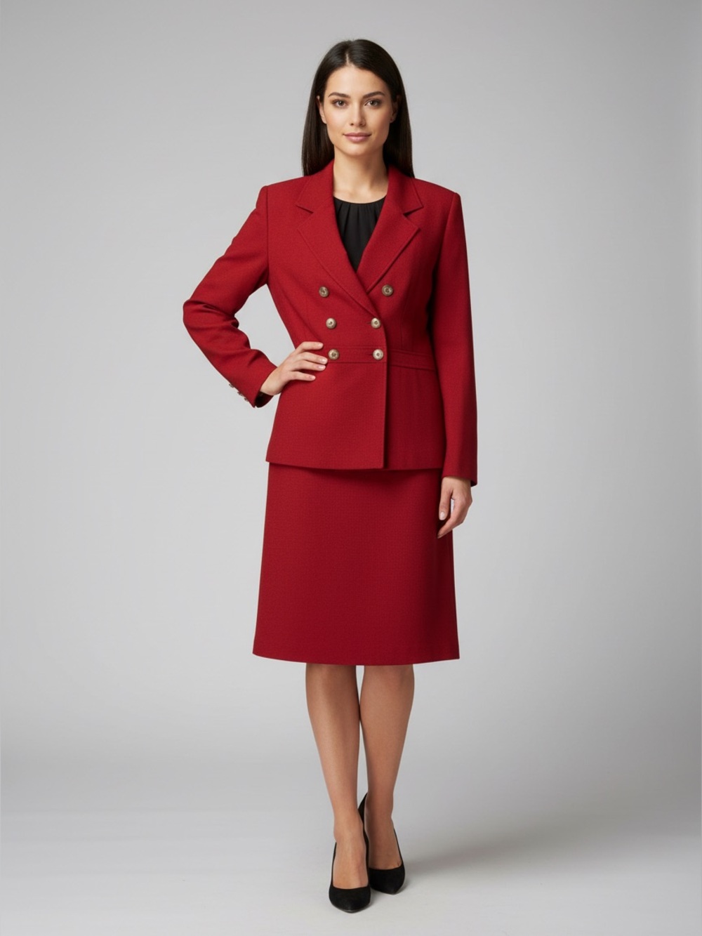 Jones New York Red Double-Breasted Blazer and Matching Skirt